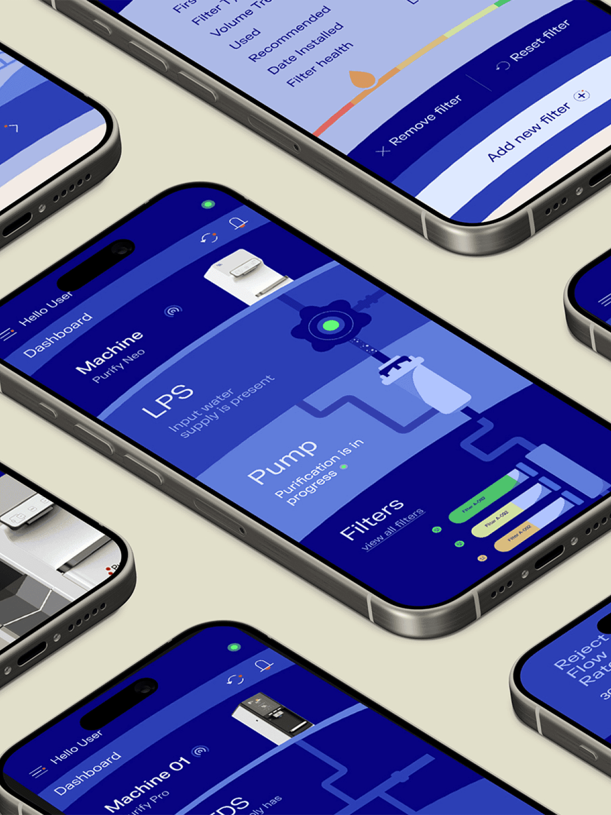 The WaterAI™ app: live water quality, filter health and system status.